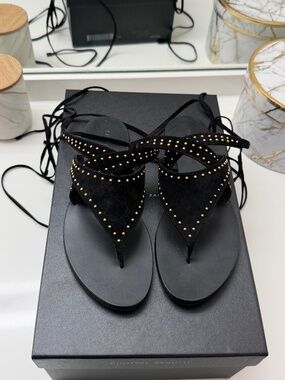 Saint Laurent Gia Strappy Thong Sandals Tie Ankle Strap Suede Black
